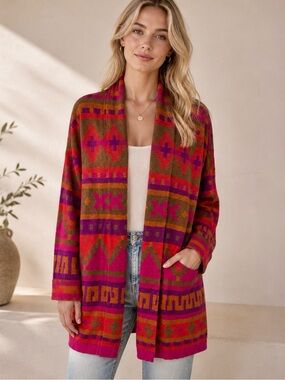 IB Diffusion Colorful Aztec Long Cardigan Boho Grunge Pink Orange Red 90s Y2K